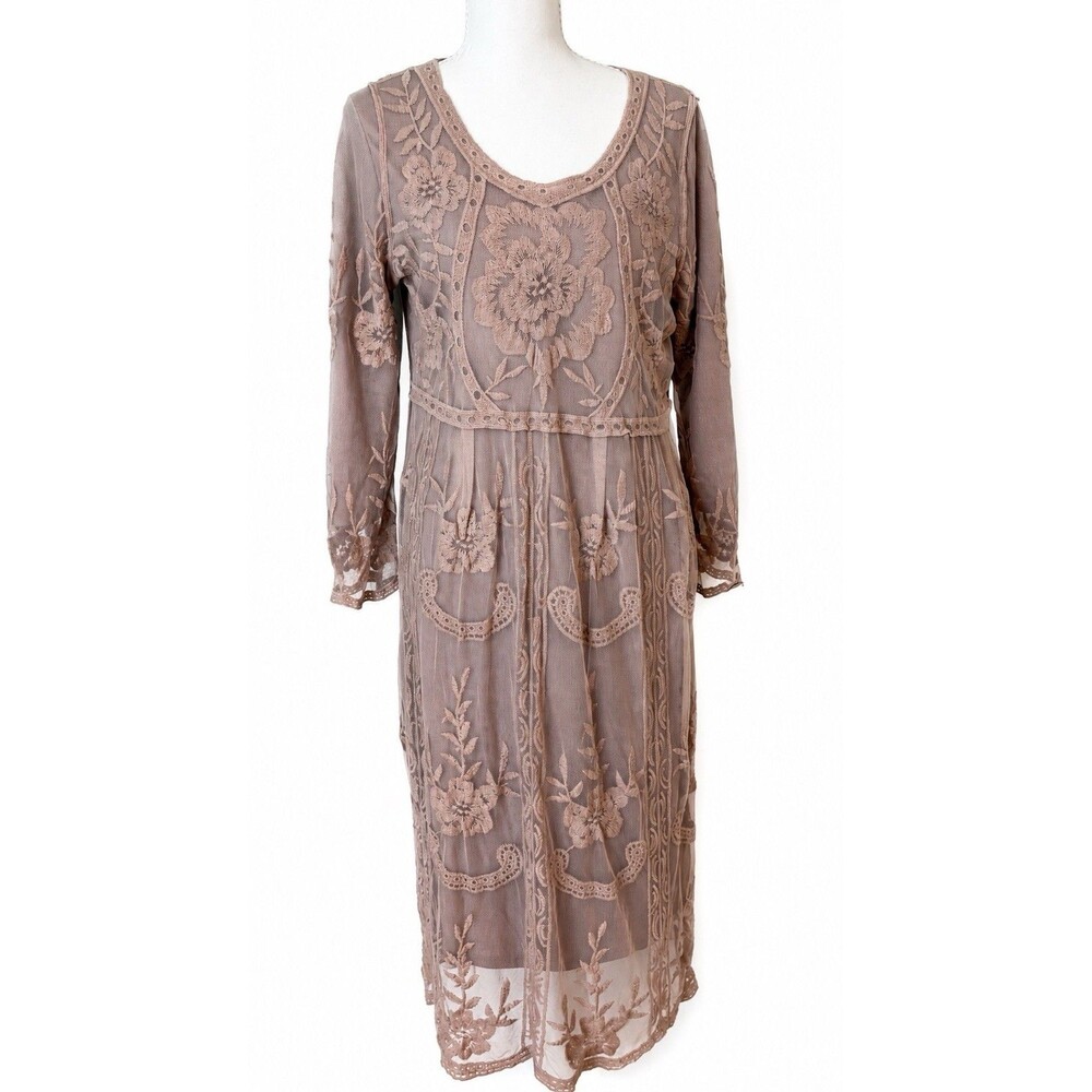 Boho Romantic Embroidered Mesh Midi Dress Sheer Floral Cottagecore Neutral M
